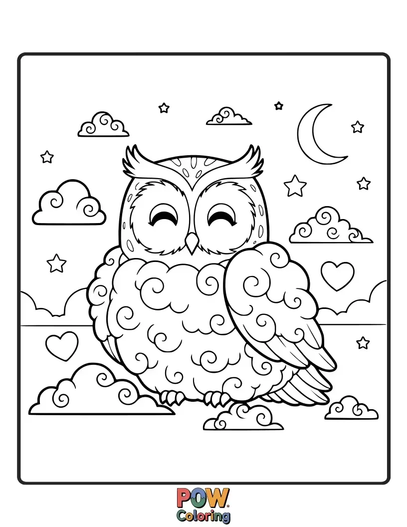 Free coloring page of A whimsical owl sleeping peacefully like in a fluffy cloud, surrounded by stars.