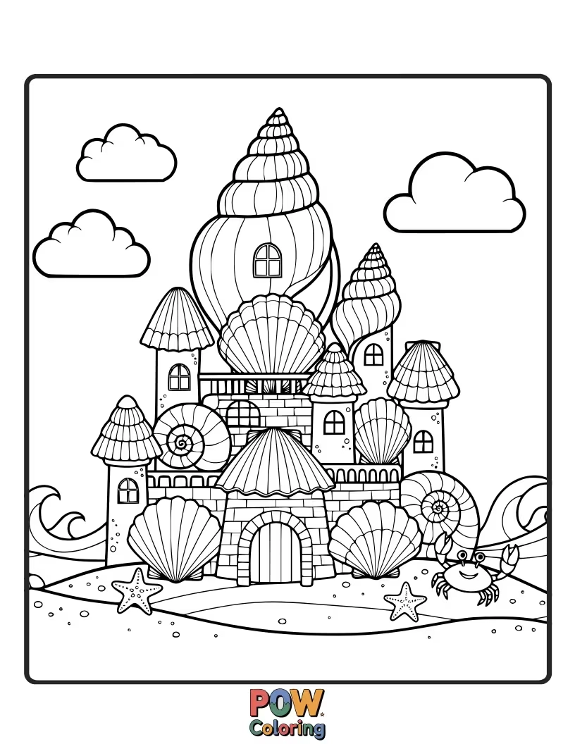 Free coloring page of A majestic castle constructed from various seashells, complete with turrets and flags, a fantasy to color.
