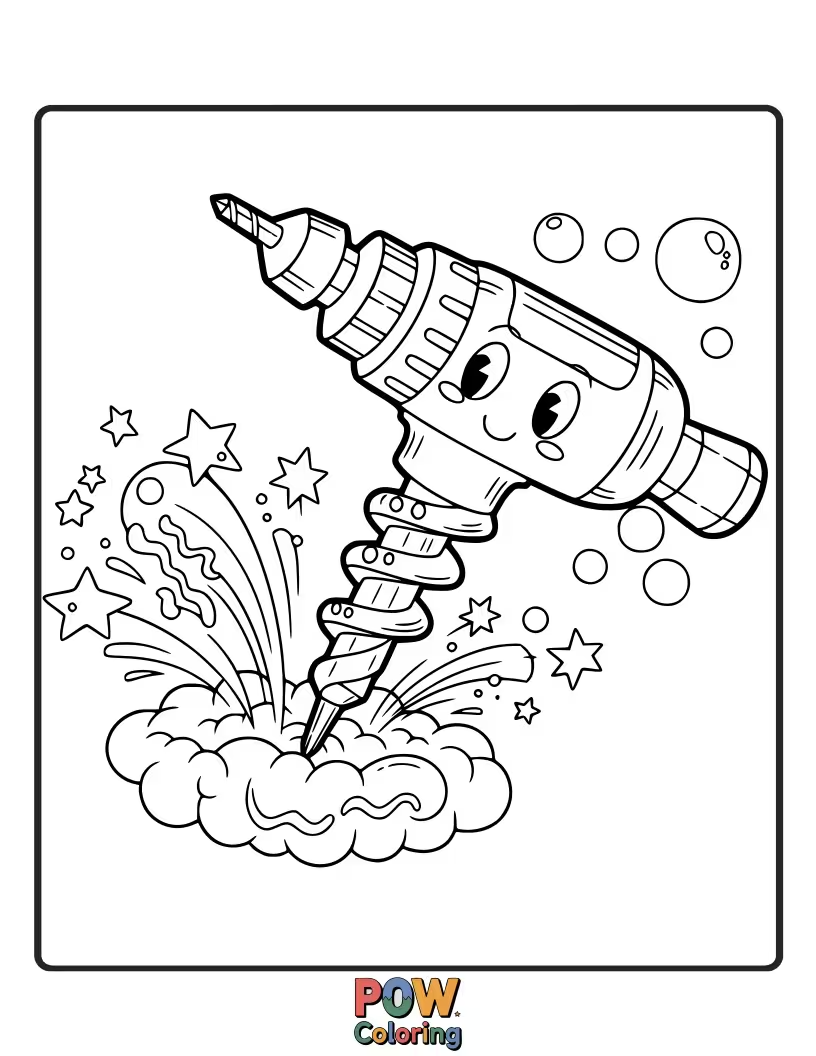 Free coloring page of A drill bit drawing a funny, swirling pattern on a blank wall.