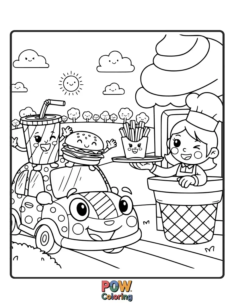 Free coloring page of Characters in fun cars at a McDonald's drive-thru, holding up orders happily.