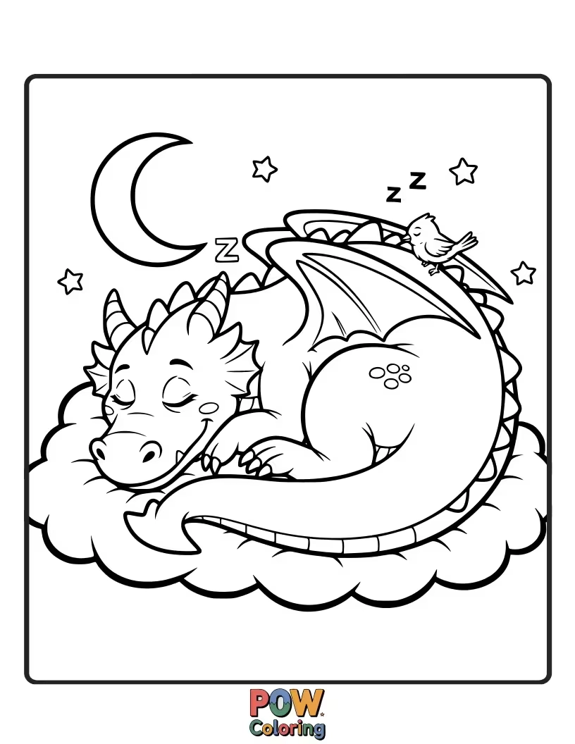 Free coloring page of A drowsy baby dragon curled up asleep on a fluffy cloud, dreaming sweet dreams.