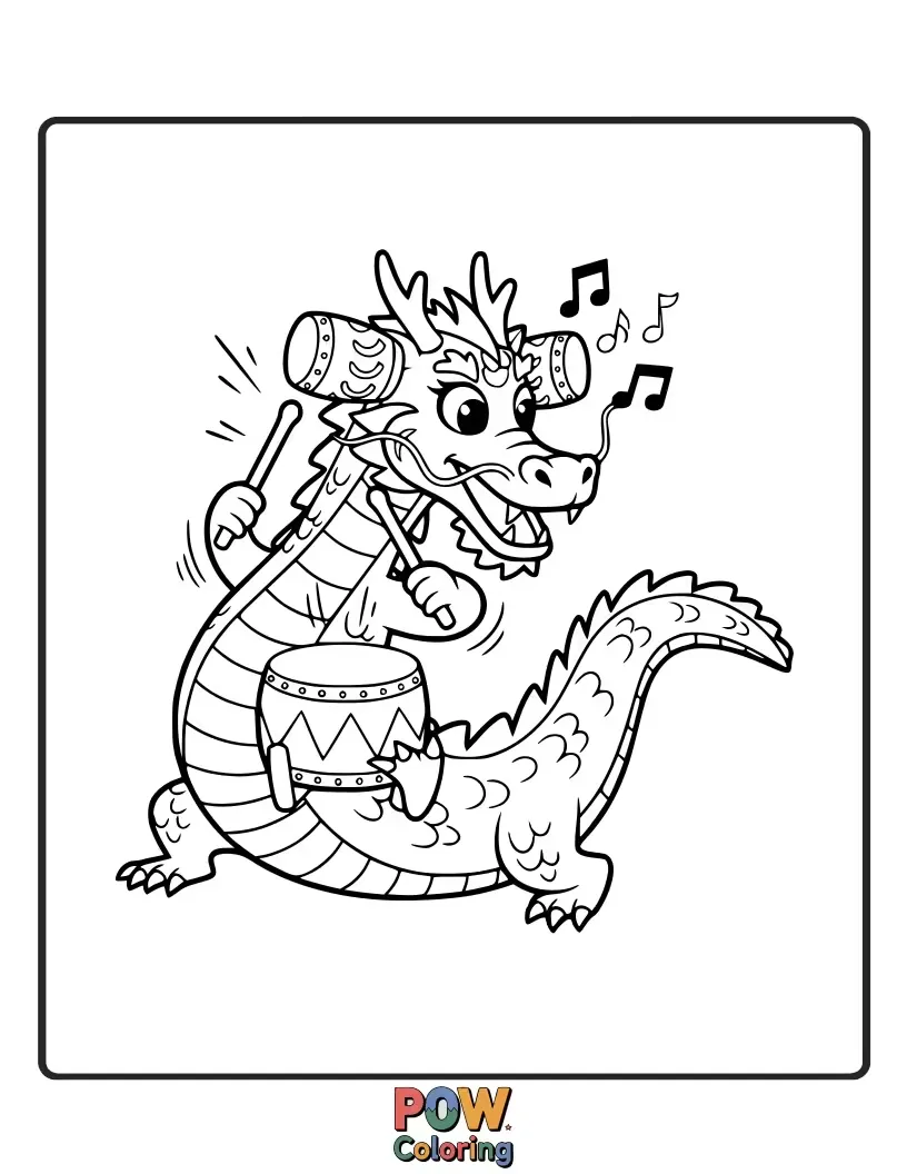 Free coloring page of A friendly dragon with drumsticks, joyfully pounding on a giant set of drums. Powerful, cute, and incredibly rhythmic.