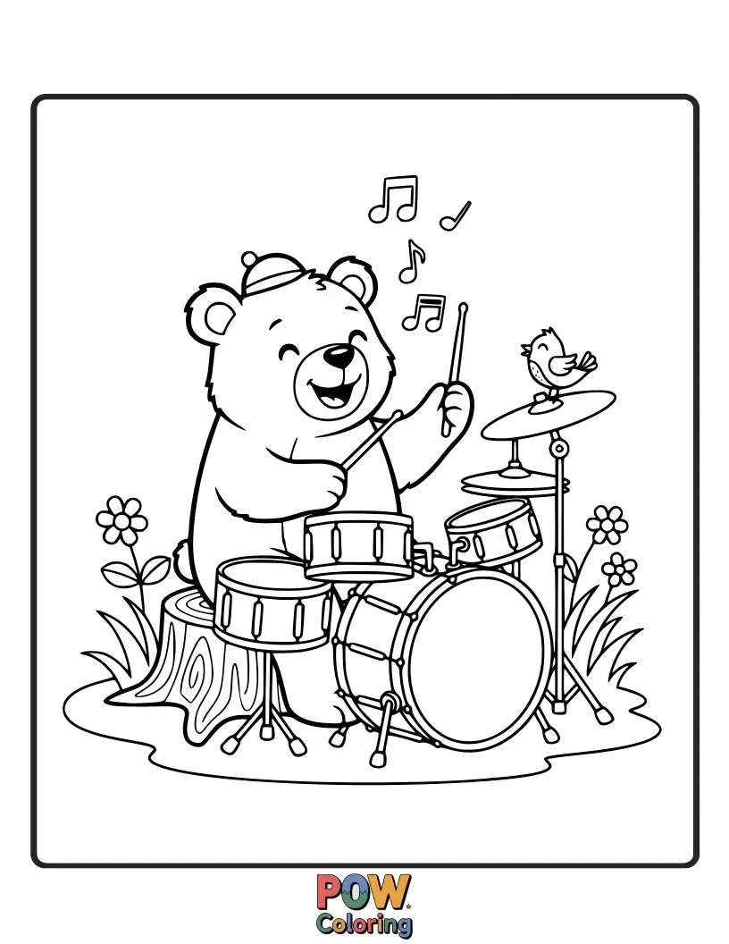 Free coloring page of A gentle bear with a honey pot nearby, softly tapping a drum with a paw.