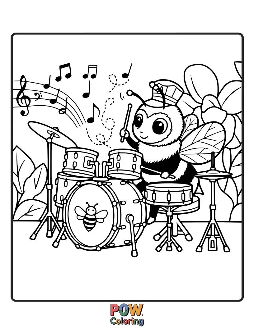 Free coloring page of A busy bumblebee with tiny drumsticks buzzing around a flower-shaped drum, creating a sweet melody.
