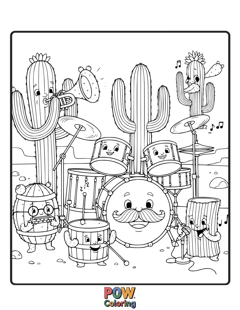 Free coloring page of A quirky cactus wearing a sombrero plays a drum with its spiky arms, looking surprisingly musical.