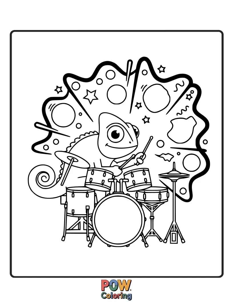 Free coloring page of A chameleon changes its colors to match the vibrant drums it is playfully tapping.