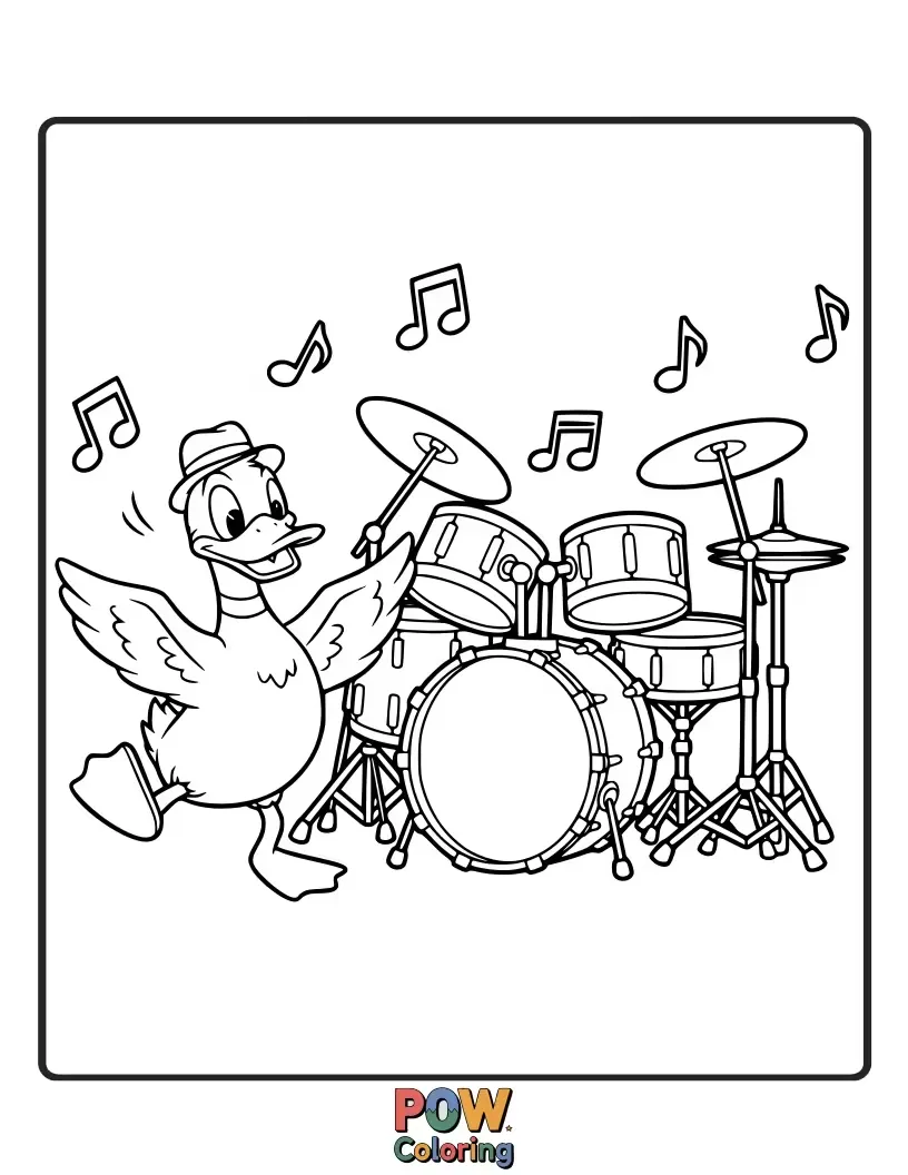 Free coloring page of A happy duck wearing a tiny hat plays a drum set with joyful abandon, surrounded by musical notes.