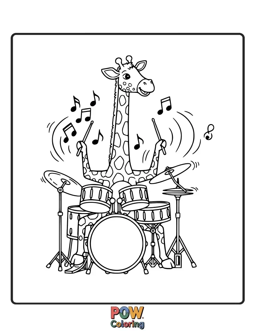 Free coloring page of A tall giraffe with a long neck playfully bangs on a suspended cymbal with its head.