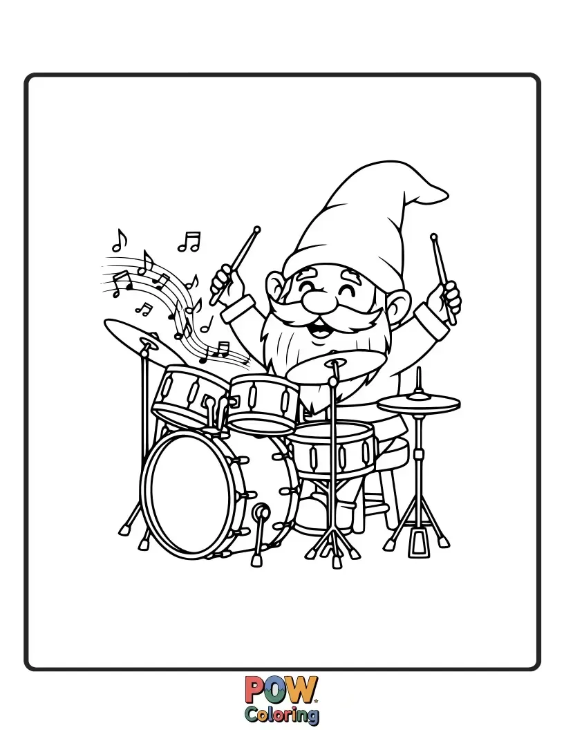 Free coloring page of A cheerful gnome with a pointy hat and beard tapping out a lively rhythm on a small drum.