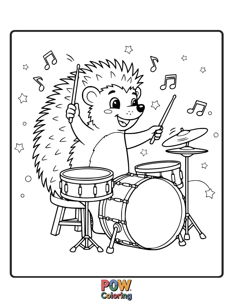 Free coloring page of A shy hedgehog peeks out from behind a colorful drum, offering a shy smile to the viewer.