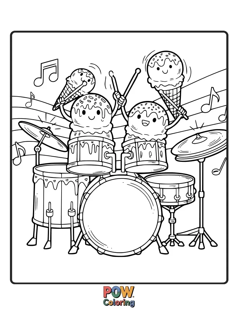 Free coloring page of A drum set made of ice cream cones and scoops, with musical notes melting around it.