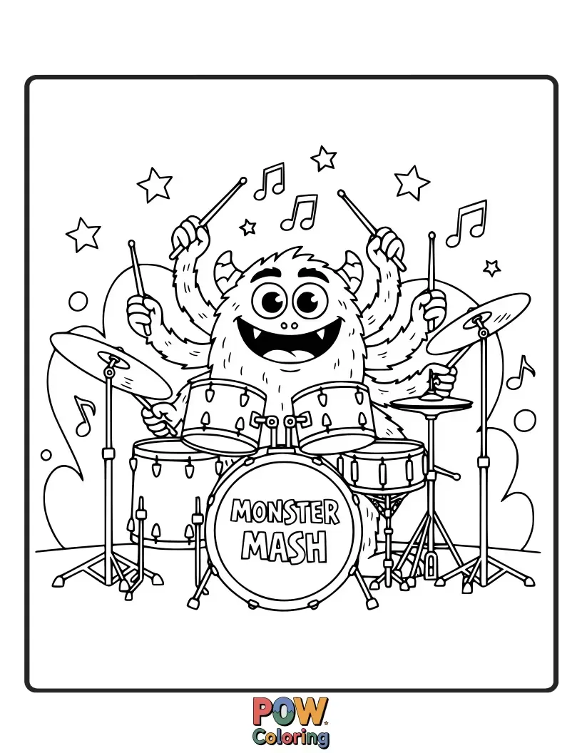 Free coloring page of A friendly, fluffy monster with multiple arms enthusiastically plays a wild and colorful drum set.
