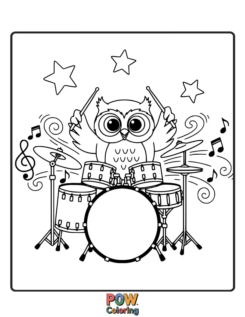 Free coloring page of A wise owl with large eyes perched on a drum, hooting out a melodic rhythm.
