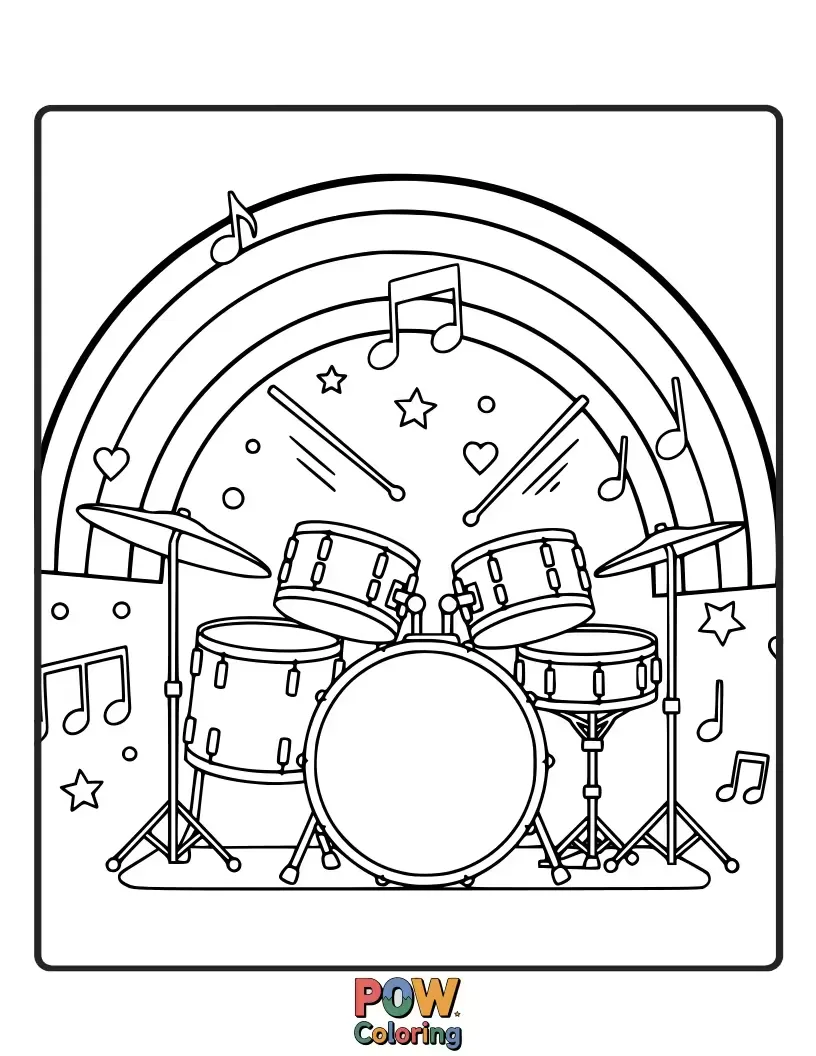 Free coloring page of A vibrant drum set where each drum and cymbal is a different, beautiful color of the rainbow.