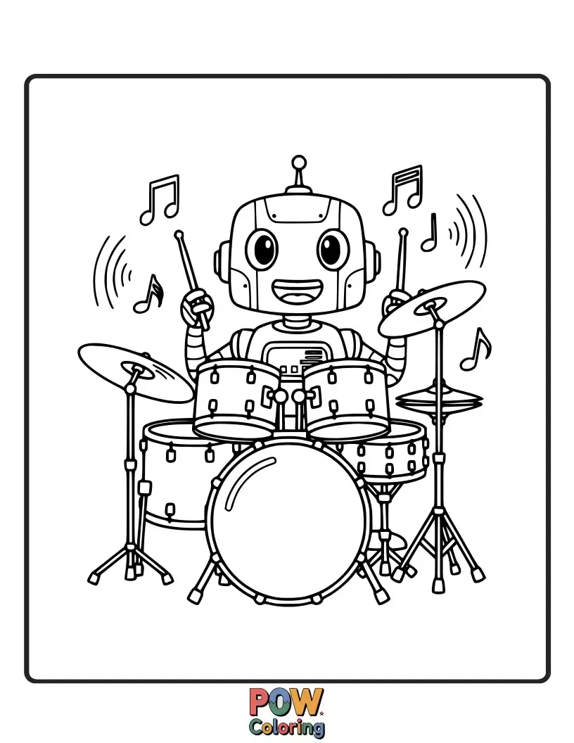 Free coloring page of A shiny, friendly robot with blinking lights plays a metallic drum set with precision.