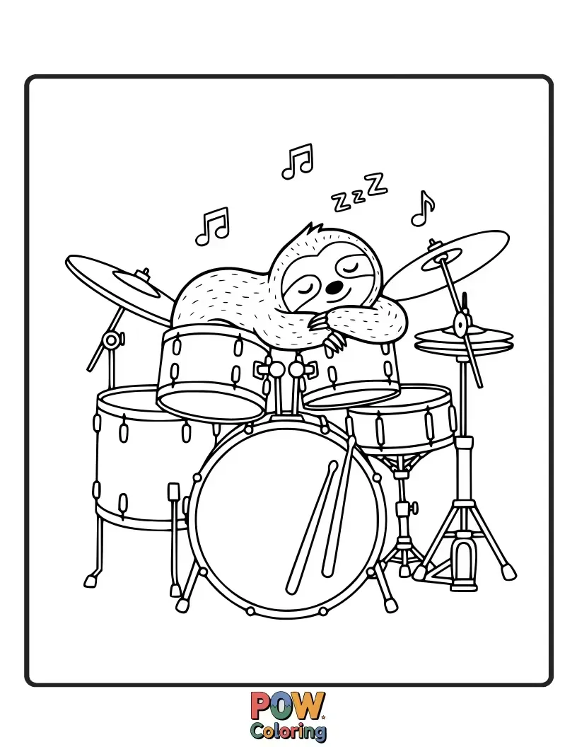 Free coloring page of A very slow and peaceful sloth gently taps a drum with one claw, looking content.