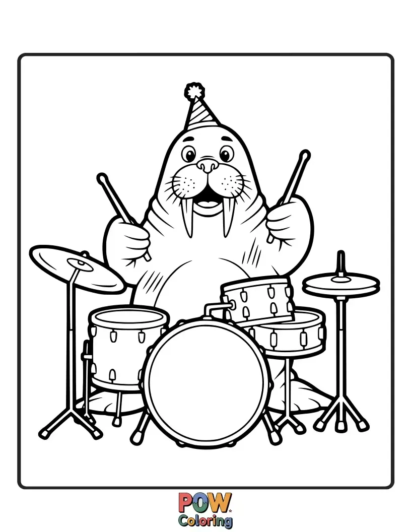 Free coloring page of A jovial walrus with impressive tusks plays a large bass drum with its flipper.