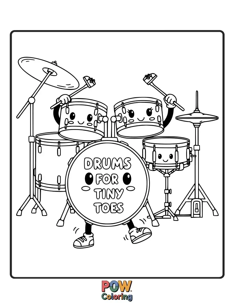Free coloring page of A miniature drum set with tiny cymbals designed for little feet to stomp and play along.