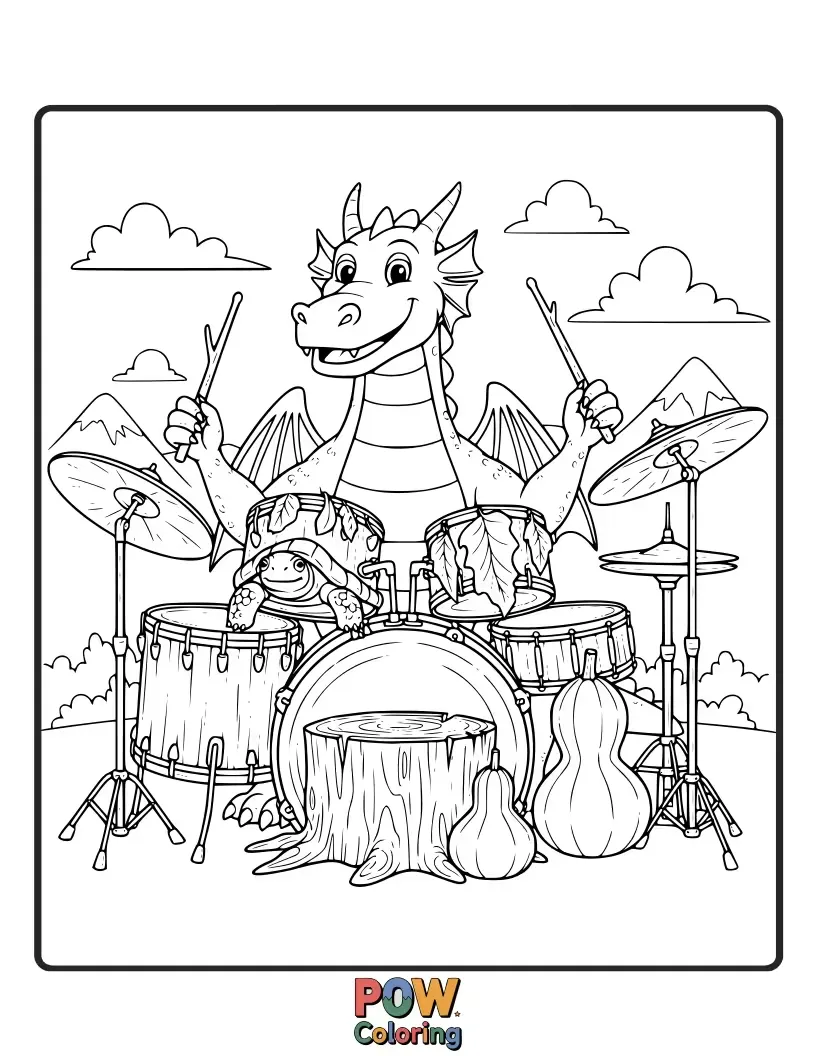 Free coloring page of A friendly, baby dragon gently taps a small drum with its tail, looking curious and sweet.