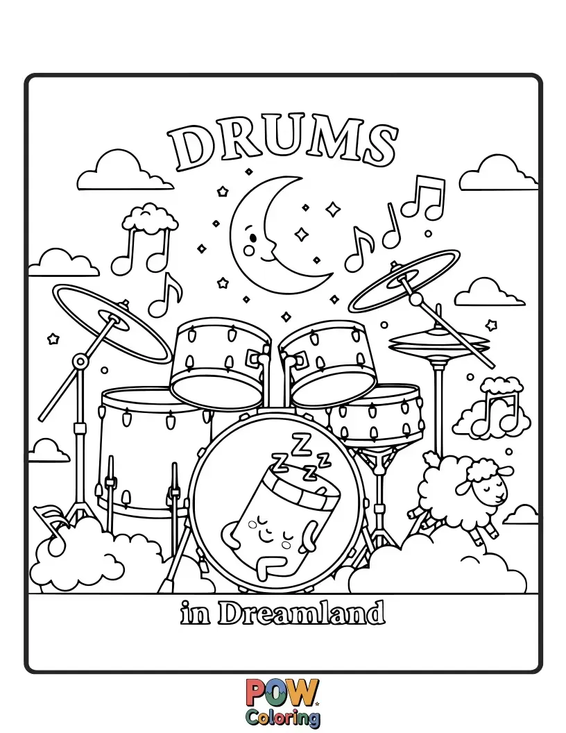 Free coloring page of A whimsical drum set drifts through a starry night sky, clouds shaped like musical notes floating around it.