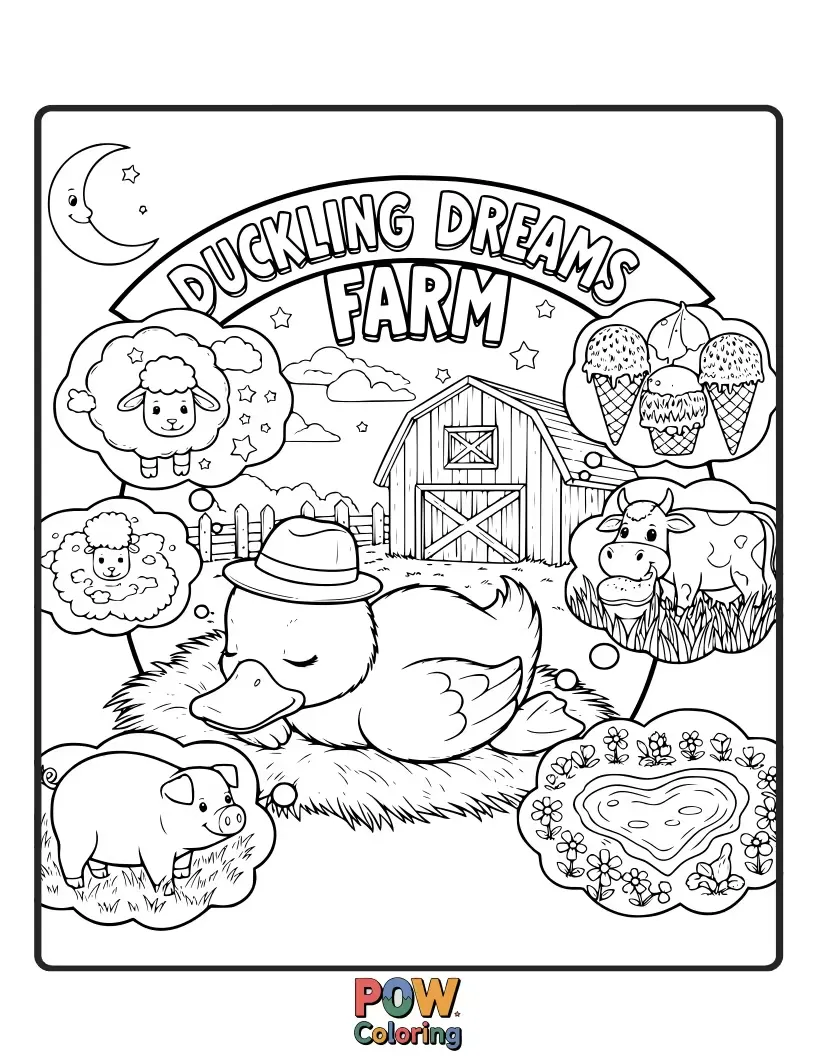 Free coloring page of A mother duck watching her ducklings dream of flying amongst the farm clouds.