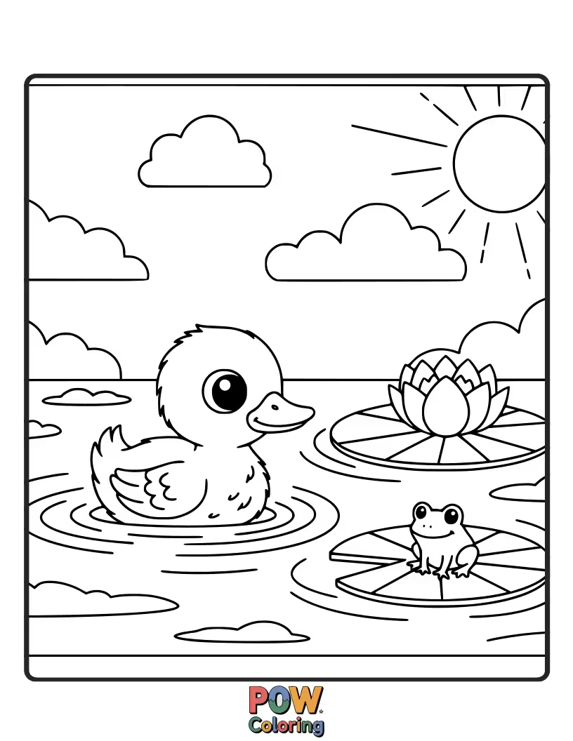 Free coloring page of A tiny, fluffy duckling tentatively dips its beak into the water, looking excited for its very first swimming adventure.