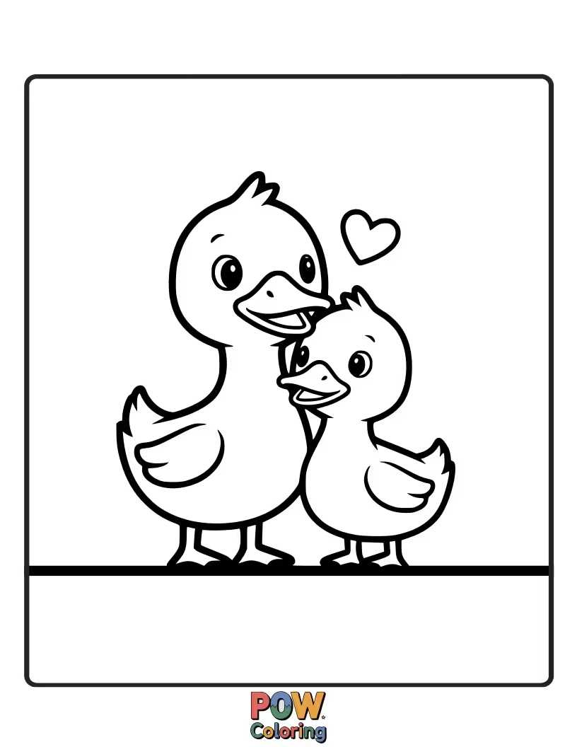Free coloring page of A pair of adorable ducklings paddle side-by-side, leaving heart-shaped ripples in the water on a lovely Valentine's morning.