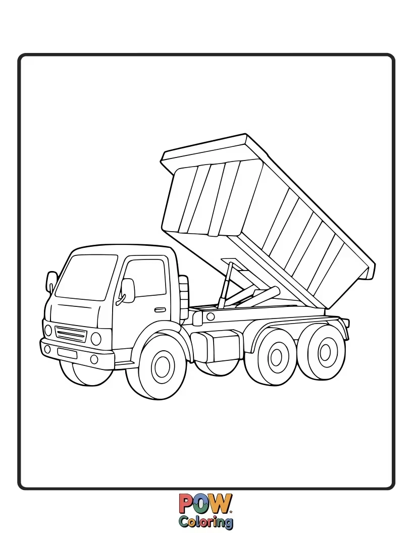 Free coloring page of A strong dump truck with its bed up, ready to unload and waiting for bright construction colors.
