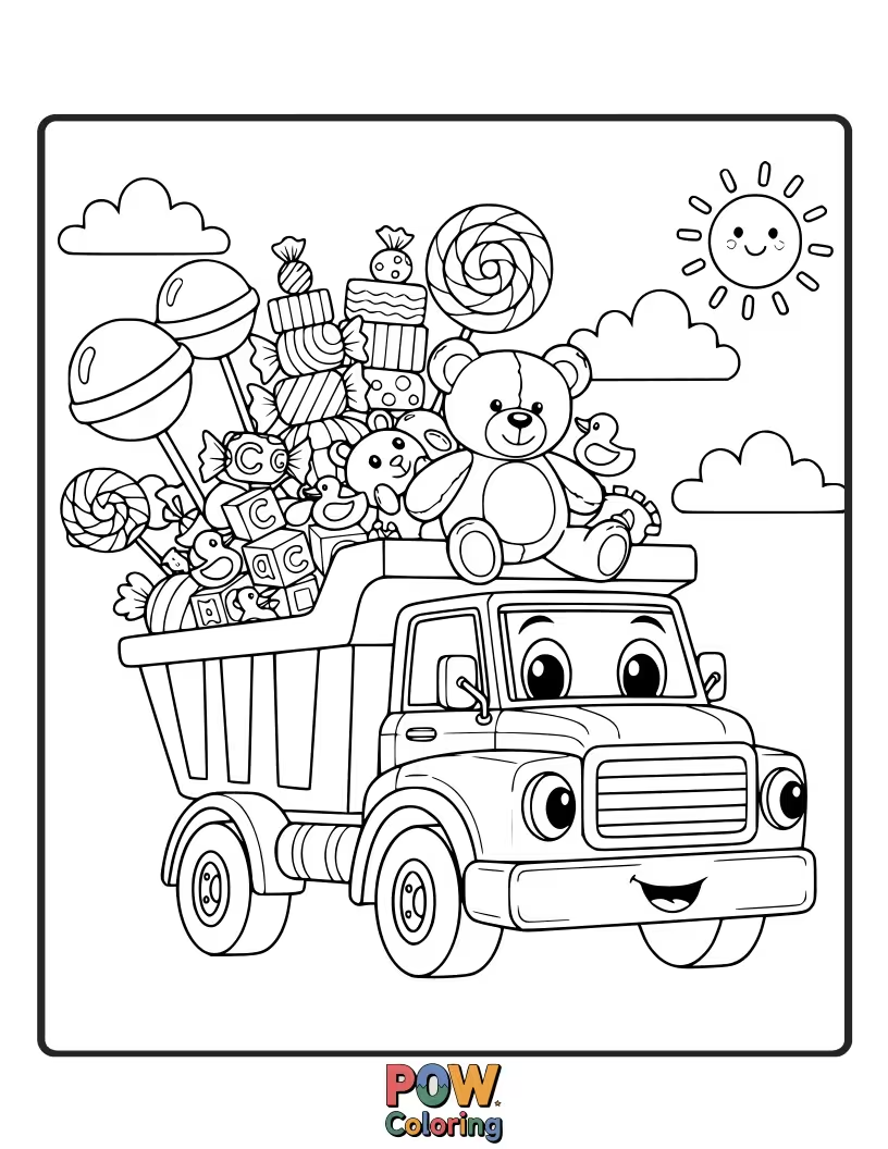 Free coloring page of A dump truck overflowing with colorful, sparkling confetti.