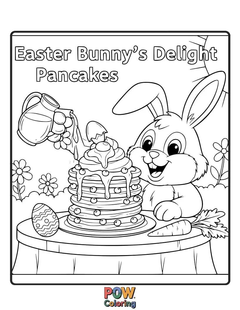 Free coloring page of A fluffy Easter bunny surrounded by stacks of colorful, decorated pancakes and painted eggs.