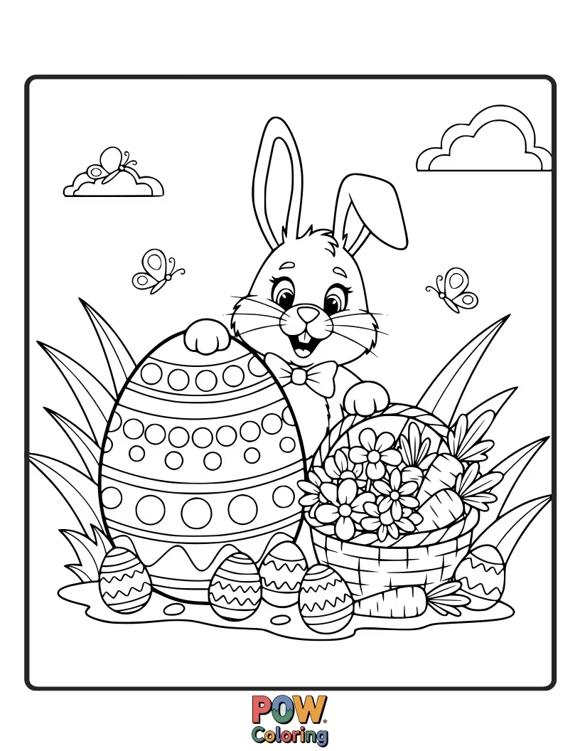 Free coloring page of A fluffy bunny peeking out of a giant, decorated Easter egg, ready to share its goodies.