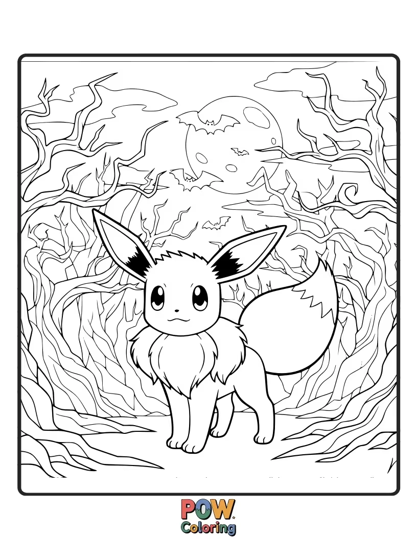 Free coloring page of Eevee is wearing a tiny bat wing costume and striking a dramatic, slightly clumsy pose.