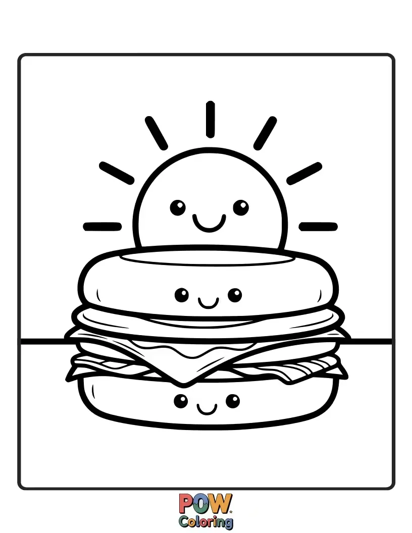 Free coloring page of An Egg McMuffin with a smiling face rising like the sun.