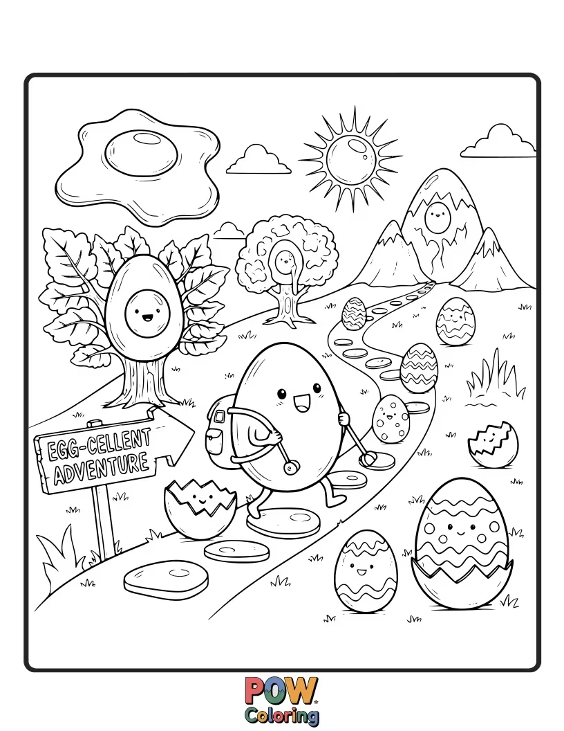 Free coloring page of A group of adventurous Easter eggs on a tiny boat, sailing across a pond.