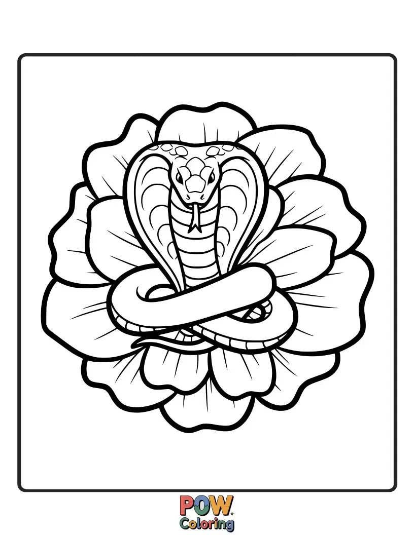 Free coloring page of A beautiful cobra snake with delicate flower patterns integrated into its scales, unfurling gracefully.