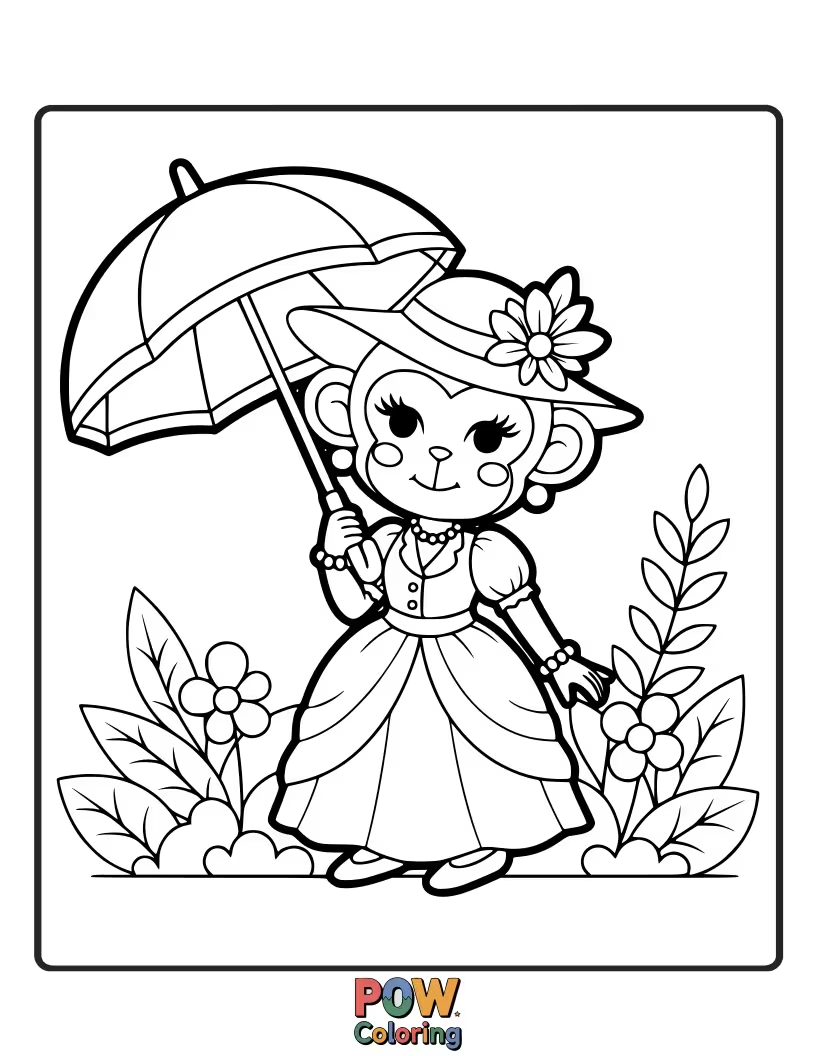 Free coloring page of A graceful monkey adorned with a floral crown and delicate earrings poses elegantly, exuding natural beauty and sophistication.