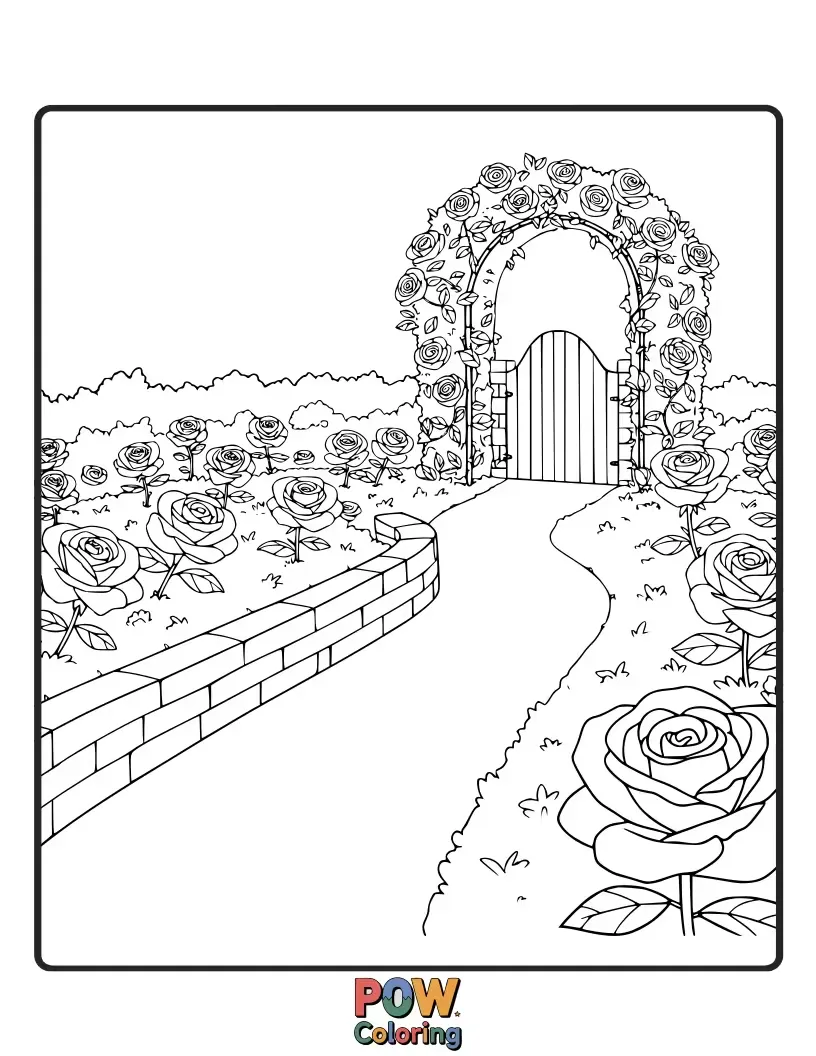 Free coloring page of Graceful roses in full bloom fill this elegant garden setting, offering a classic and beautiful subject for coloring enthusiasts.