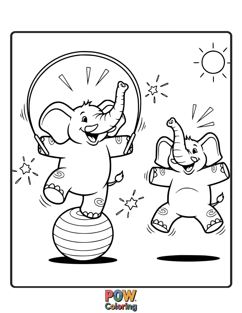 Free coloring page of A gentle elephant joyfully swinging from a sturdy gym rope, its trunk providing extra balance and flair.