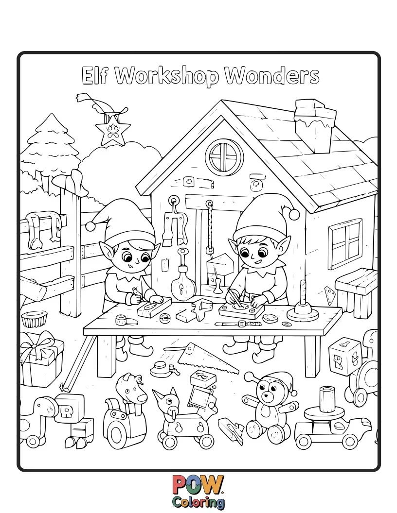 Free coloring page of Santa's busy elves crafting toys and gifts in a magical workshop, surrounded by tools and materials. See the magic happen.
