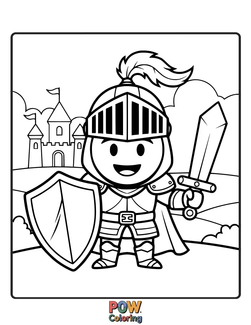 Free coloring page of A courageous emoji dressed as a knight, holding a shield and sword, ready to embark on a quest.