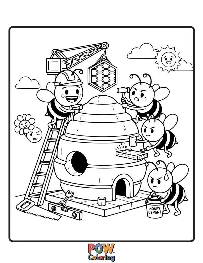 Free coloring page of A diligent bee emoji, collecting nectar from flowers and working hard to build a busy, hexagonal beehive.