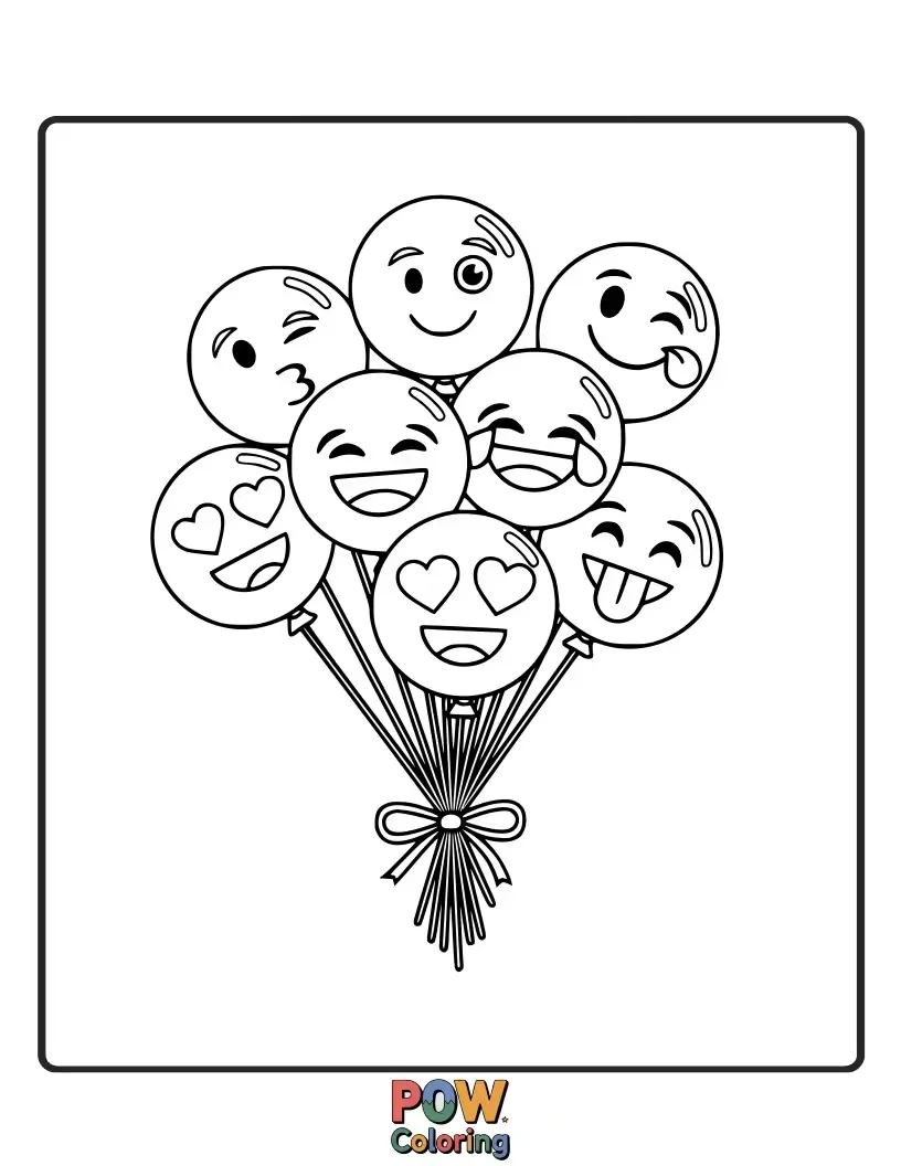 Free coloring page of A bunch of vibrant, floating balloons in various shapes, tied together by a happy emoji.