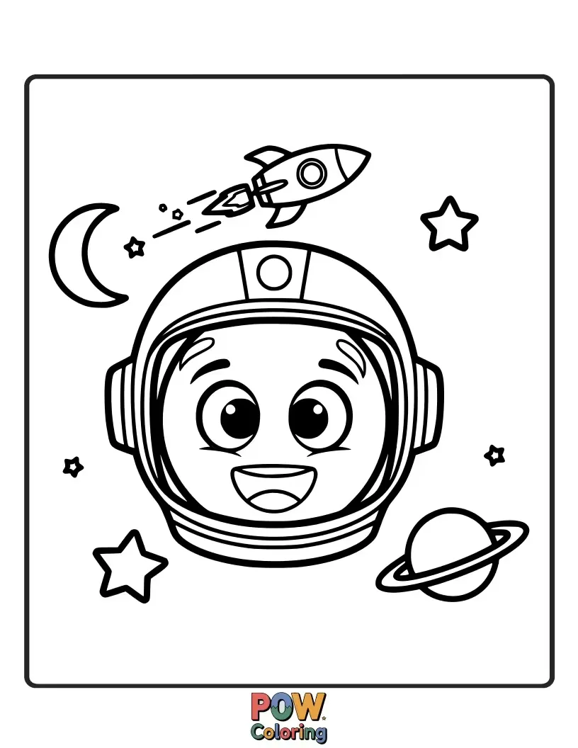 Free coloring page of An adventurous emoji in a spaceship, exploring a galaxy filled with planets and swirling nebulae.