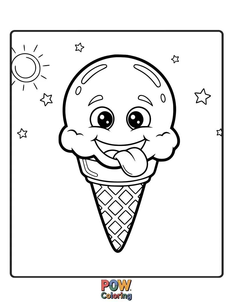 Free coloring page of A refreshing ice cream cone emoji with swirled flavors and a cherry, perfect for a summer treat.