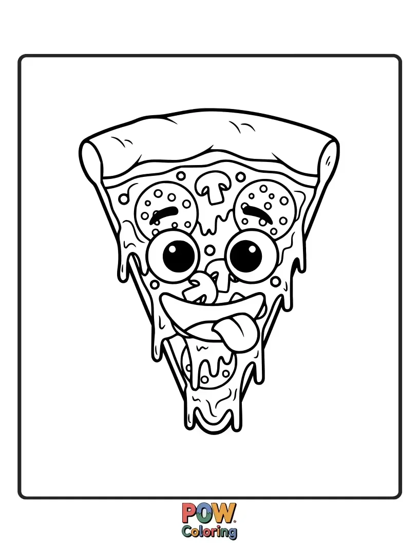 Free coloring page of A mouthwatering emoji pizza slice with melted cheese and toppings, waiting to be colored with fiery red and cheesy yellow.