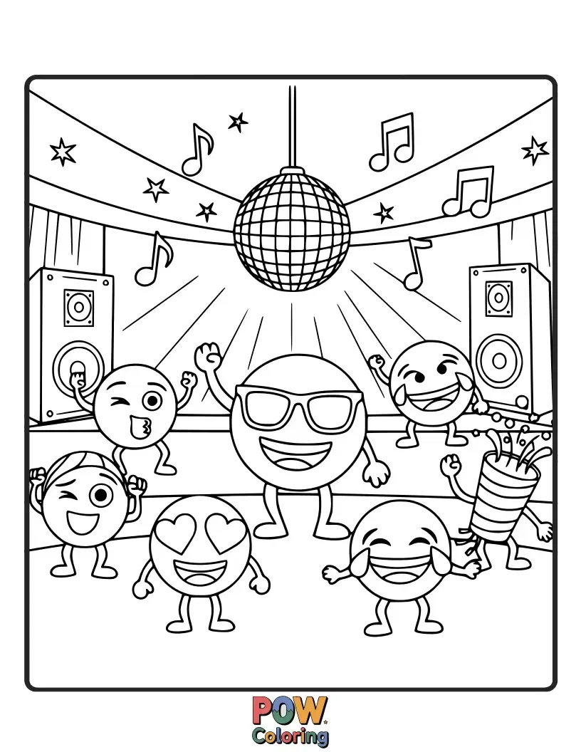 Free coloring page of A groovy emoji with sunglasses, dancing under a glittering disco ball surrounded by musical notes.