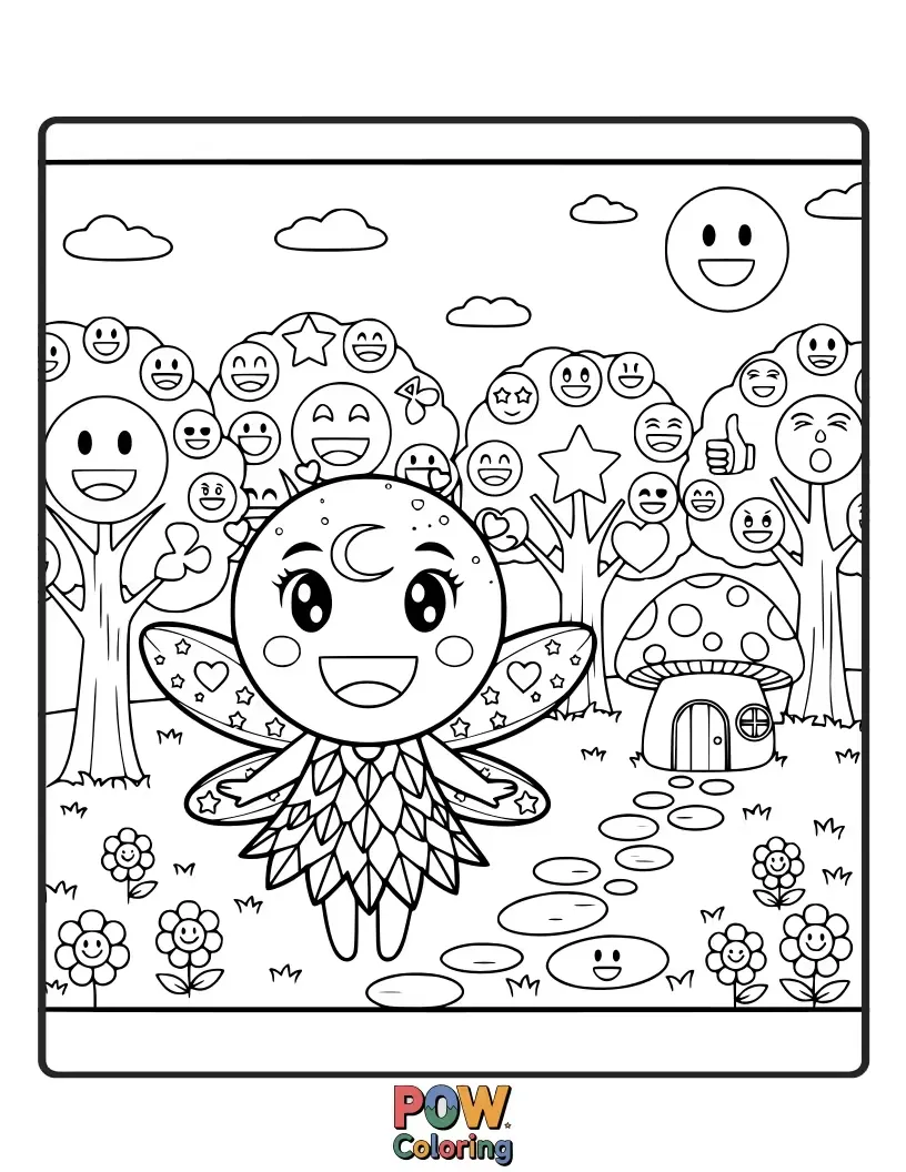 Free coloring page of A delicate fairy emoji with sparkly wings, dancing among glowing mushrooms and whimsical woodland creatures.