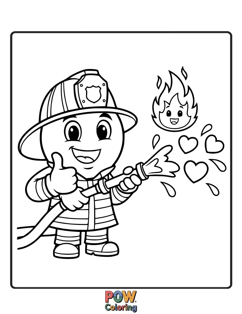 Free coloring page of A brave firefighter emoji with a helmet and hose, ready to put out any imaginary blaze with colorful water.