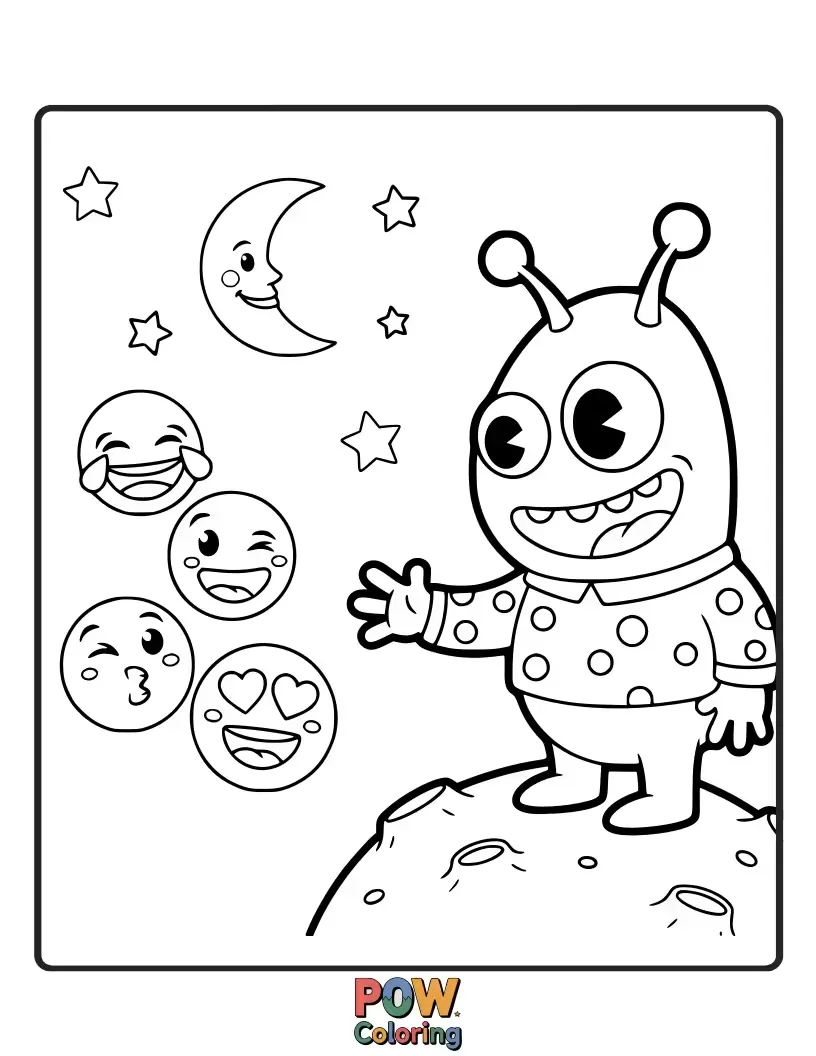 Free coloring page of A quirky alien emoji with big eyes and antennae, waving hello from its flying saucer.