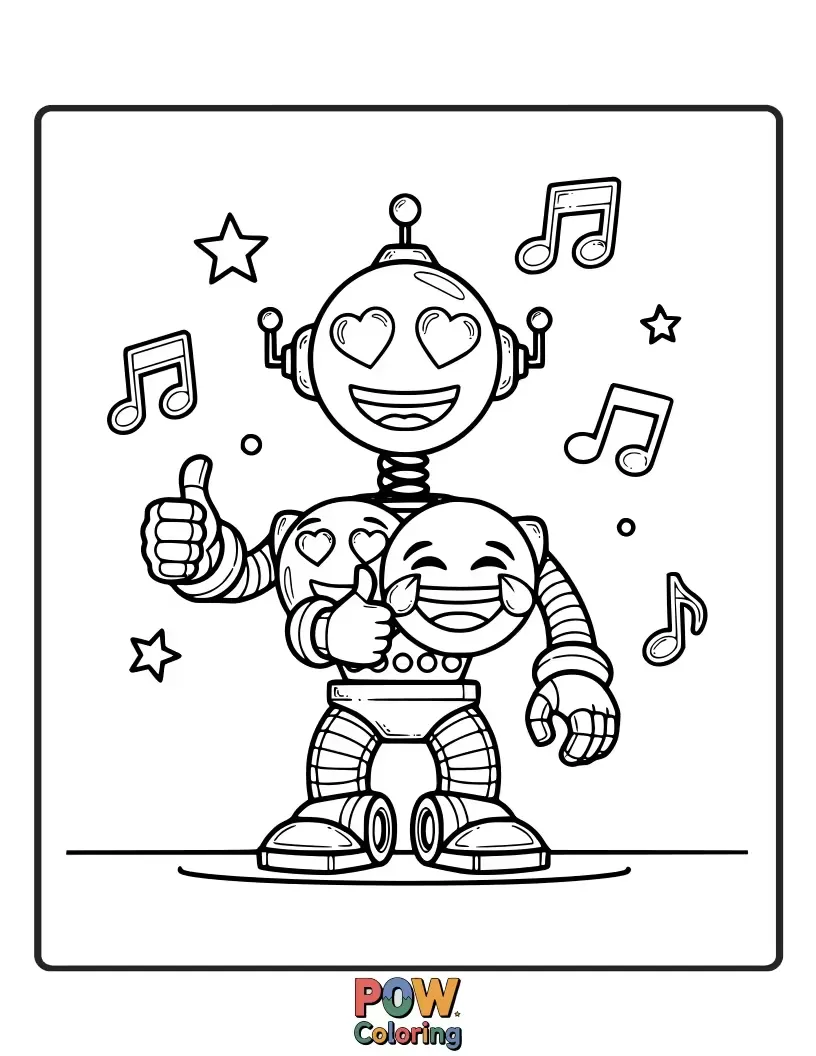 Free coloring page of A cute, clunky robot emoji with gears and circuits, offering a friendly wave with its mechanical hand.